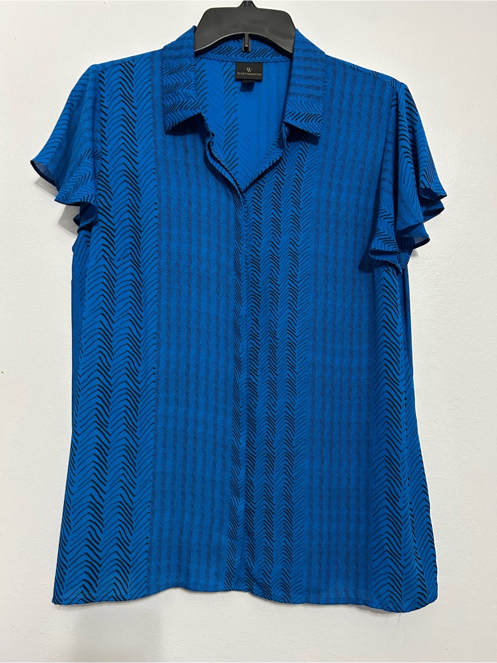 Worthington Royal Blue Chevron-Textured Short Sleeve Blouse